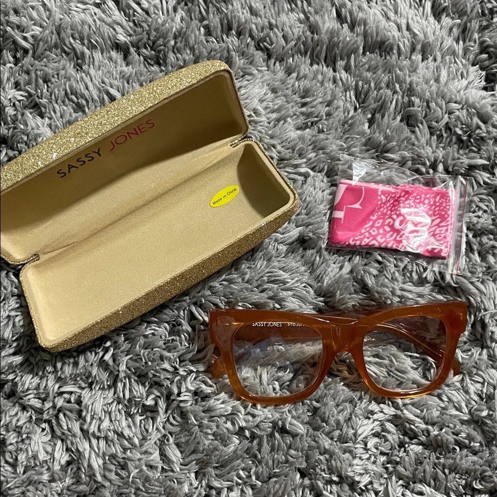Sassy Jones Clear Non-Script glasses Rhinestone Amber Print Readers +2.00